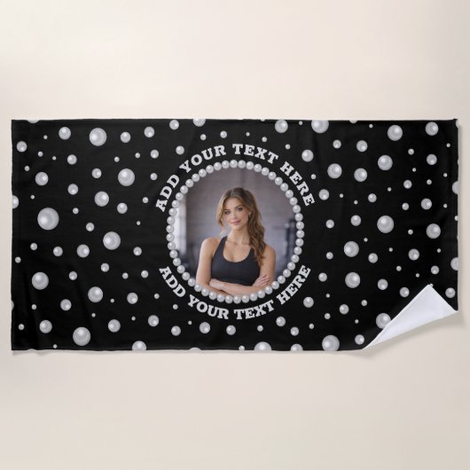 Serviette De Plage Personalized Photo with Pearls Circle on Black (Devant)