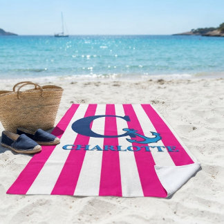 Serviette De Plage Personalized Pink Stripes Navy Blue Anchor Beach