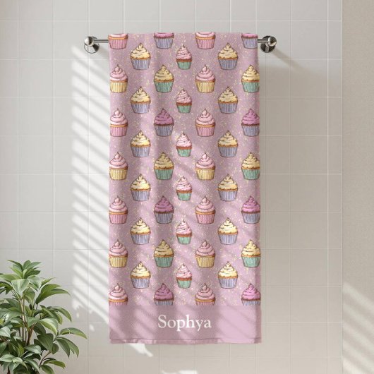 Serviette De Plage Personalized Purple Glitter Cupcake