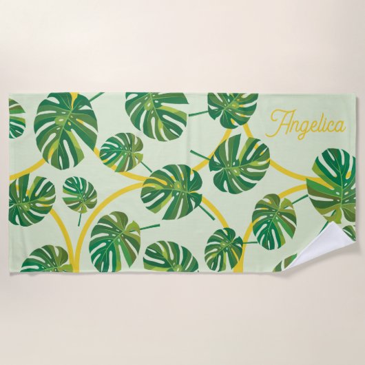 Serviette De Plage Personnalisable Feuille Tropicale et Or (Devant)