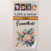 Serviette De Plage Personnalisé 4 petits-enfants photo orangé fleuri (Devant)