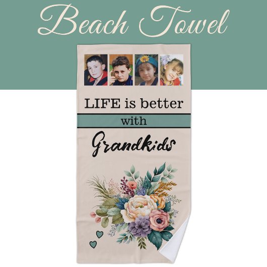 Serviette De Plage Personnalisé 4 petits-enfants photo vert floral