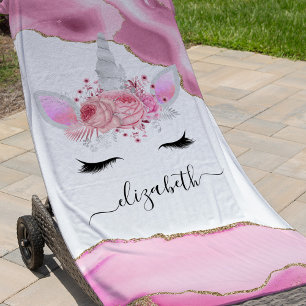 Serviette De Plage Personnalisé Cute Rose Kids Unicorn