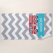 Serviette De Plage Personnalisé Gris Turquoise Chevron Fire Truck Boy (Devant)