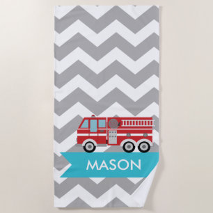 Serviette De Plage Personnalisé Gris Turquoise Chevron Fire Truck Boy