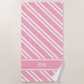 Serviette De Plage Personnalisé, jolie bande rose et blanche (Devant)