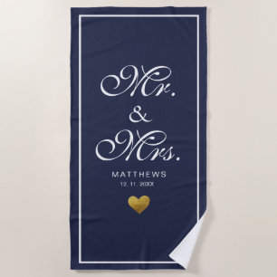 Serviette De Plage Personnalisé marine bleu or amour Coeur m et mrs