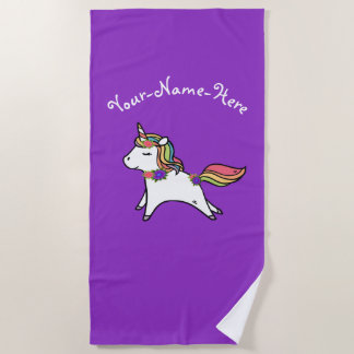 Serviette De Plage Personnalisé violet Unicorne bleu et rose fleurs