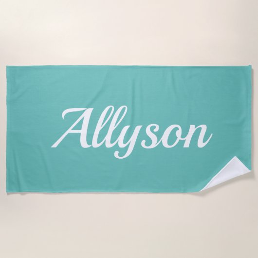 Serviette De Plage Personnaliser le nom, le script blanc / Turquoise (Devant)