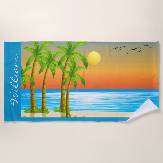 Serviette De Plage Personnaliser le paysage côtier Oiseaux Palmiers S (Devant)