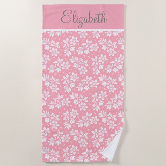 Serviette De Plage Personnaliser rose blanc gris floral (Devant)