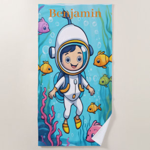 Serviette De Plage Petit plongeur avec la vie marine dans l'océan
