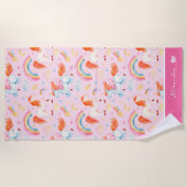 Serviette De Plage Petite fille rose licorne Motif avec prénom (Devant)