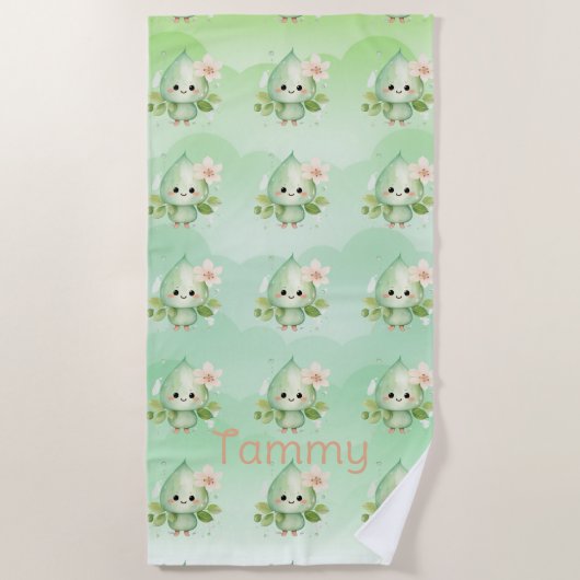 Serviette De Plage Petite Raindrops Vert Fleurs Roses Fille (Devant)