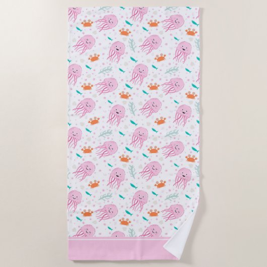 Serviette De Plage Petites filles Pink Ocean Jellyfish and Crab Motif (Devant)