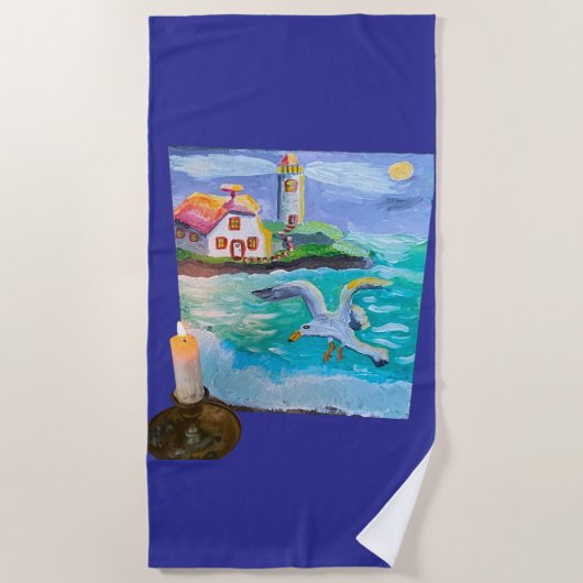Serviette De Plage Phare Et Goéland À La Chandelle 🕯️ (Devant)