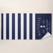 Serviette De Plage Phare nautique Navy & Rayure blanche Monogramme (Devant)