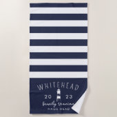 Serviette De Plage Phare nautique Navy & Rayure blanche Monogramme (Devant)