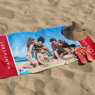 Serviette De Plage Photo Famille Stylé Nautique Mer Océan Rouge