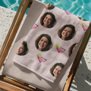 Serviette De Plage Photo personnalisée sur visage et cocktail Rose