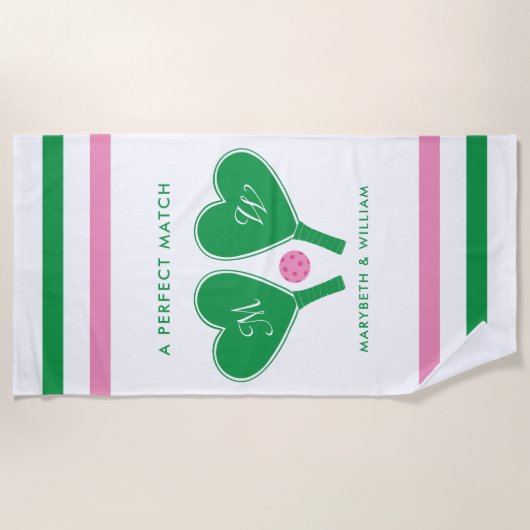 Serviette De Plage Pickleball Mariage rose et vert Preppy (Devant)