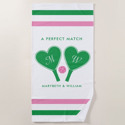 Serviette De Plage Pickleball Mariage rose et vert Preppy (Devant)