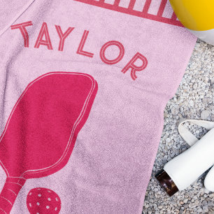 Serviette De Plage Pickleball Personnalisé Bandes Rouges et Roses