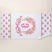 Serviette De Plage Pickleball rose et vert Paddle Monogram Crest (Devant)