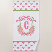 Serviette De Plage Pickleball rose et vert Paddle Monogram Crest (Devant)