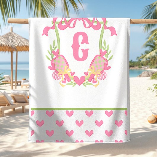 Serviette De Plage Pickleball rose et vert Paddle Monogram Crest