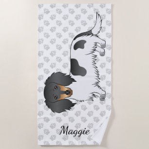 Serviette De Plage Piebald Noir Et Tan Cheveux Long Dachshund & Nom