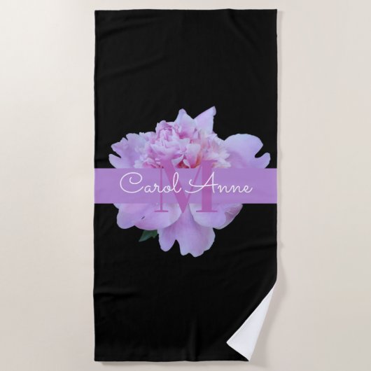 Serviette De Plage Pierre rose Monogramme floral violet noir (Devant)