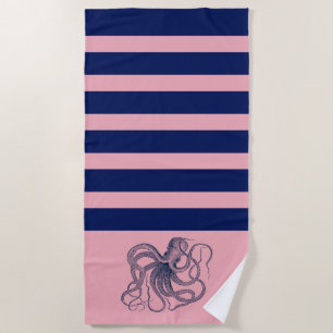 Serviette De Plage Pieuvre bleue aux rayures rose et bleue