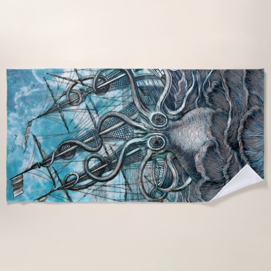 Serviette De Plage Pieuvre géante Mer Bleue Monstre Voilier (Devant)