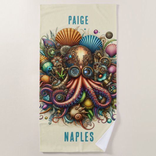 SERVIETTE DE PLAGE PIEUVRE ROSE STEAMPUNK WHIMSICAL FOU FUNKY (Devant)