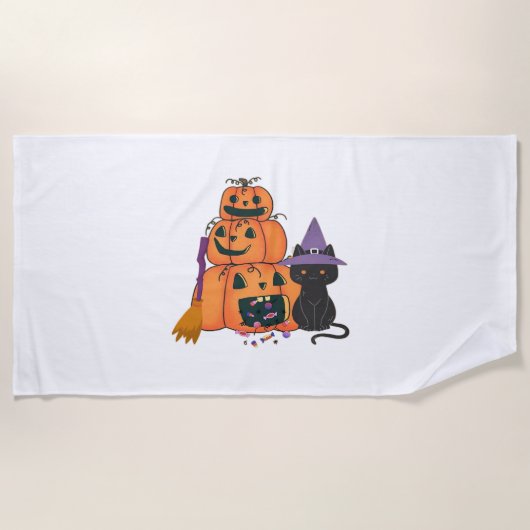 Serviette De Plage Pile Citrouille d'Halloween avec chat noir, bonbon (Devant)