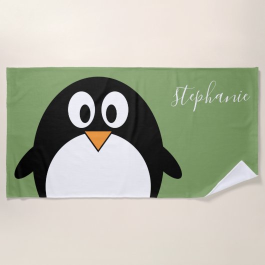 Serviette De Plage Pingouin mignon avec nom manuscrit vert Whimsical (Devant)