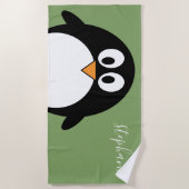 Serviette De Plage Pingouin mignon avec nom manuscrit vert Whimsical (Devant)