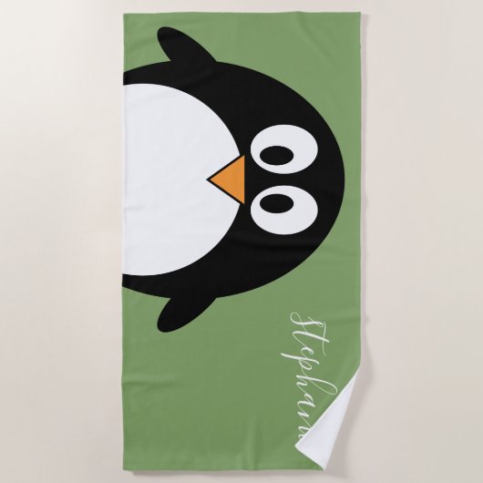 Serviette De Plage Pingouin mignon avec nom manuscrit vert Whimsical (Devant)