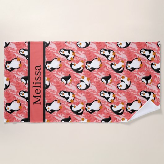 Serviette De Plage Pingouins de plage carrelés mignons ajouter nom (Devant)