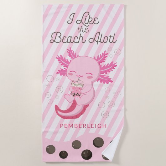 Serviette De Plage Pink Axolotl Boba Tea Stripes (Devant)