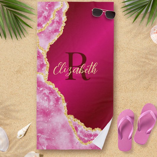 Serviette De Plage Pink Elegant Girly Monogramme Nom personnalisé Été