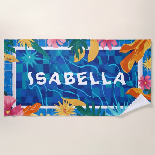 Serviette De Plage Piscine Bleue Vibrante & Fleurs personnalisables (Devant)