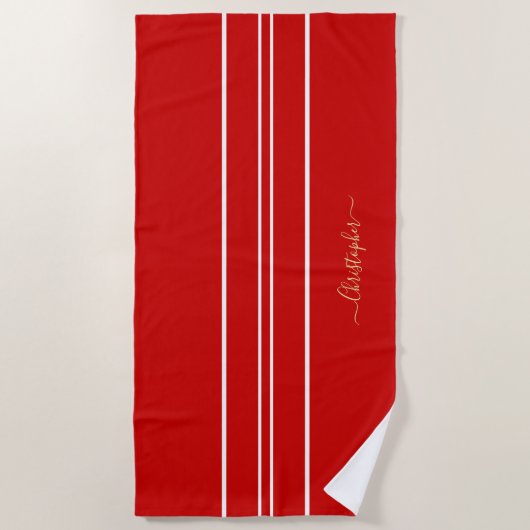 Serviette De Plage Piscine de bandes de course rouge blanc monogrammé (Devant)