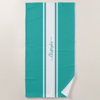 Serviette De Plage Piscine monogramme Turquoise moderne à rayures bla
