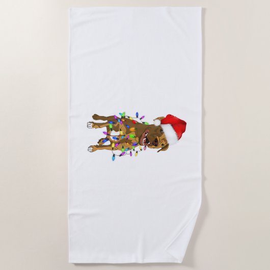 Serviette De Plage Pitbull Joyeux sapin de Noël Lumières Drôle Pyjama (Devant)
