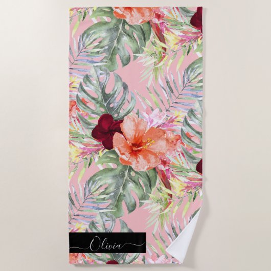 Serviette De Plage PixDezines Aquarelle Tropical Paradise Fleurs (Devant)