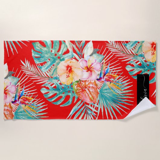 Serviette De Plage PixDezines Aquarelle Tropical Paradise Fleurs (Devant)