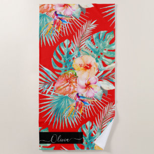 Serviette De Plage PixDezines Aquarelle Tropical Paradise Fleurs