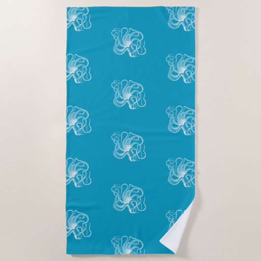 Serviette De Plage Plage Aqua Bleu Océan Blanc Octopus (Devant)